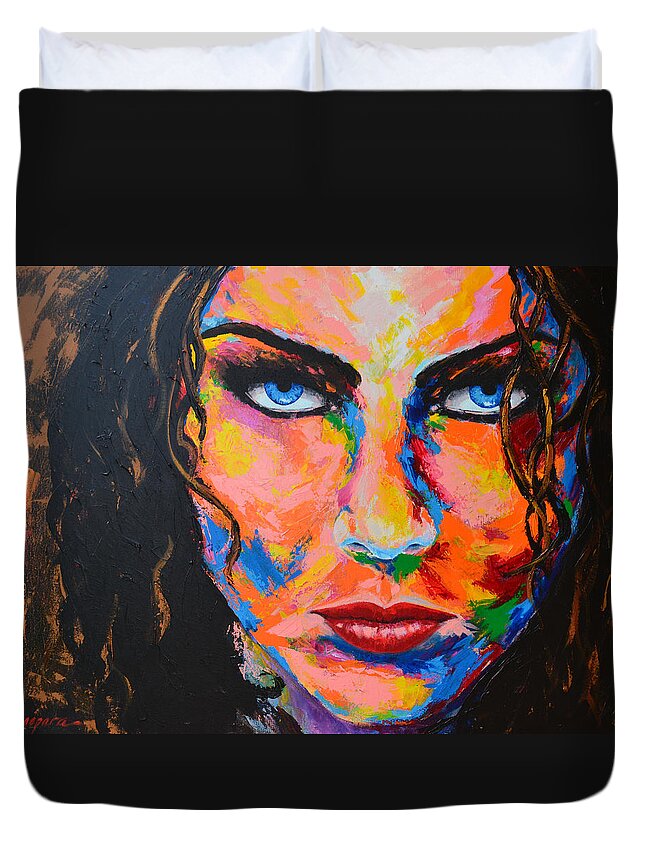 Woman Duvet Cover featuring the painting Smokey Eyes by Patricia Awapara