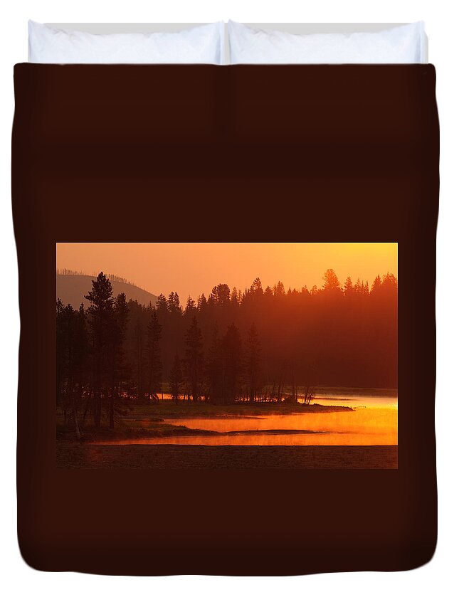 Smoke Duvet Cover featuring the photograph Smoky Sunrise at Yellowstone's Fishing Bridge by Bruce Gourley