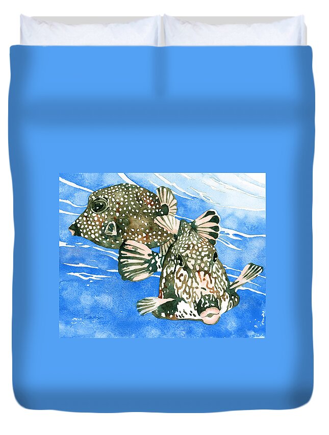 Trunkfish Duvet Cover featuring the painting Smooth Trunkfish Pair by Pauline Walsh Jacobson