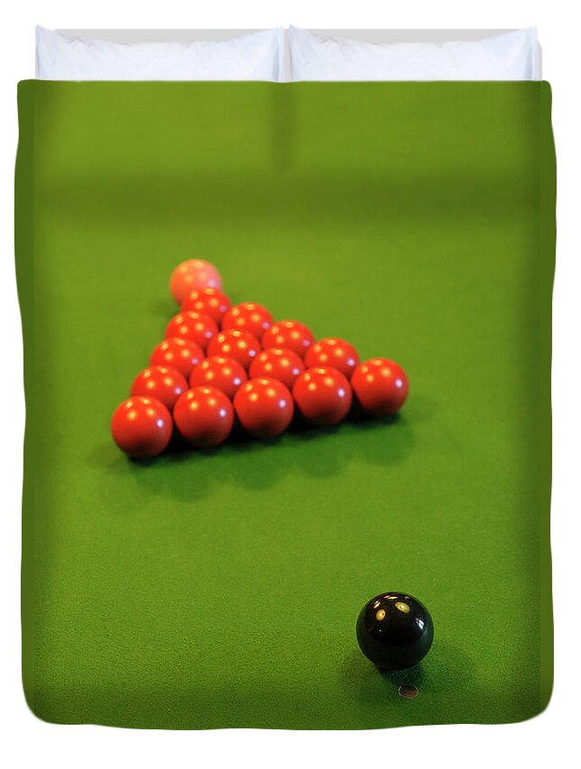Snooker Duvet Cover featuring the photograph Snooker Balls On A Green Baize Table by Anthony Collins