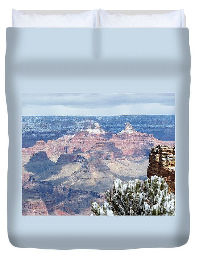 Grand Canyon Duvet Cover featuring the photograph Snow at the Grand Canyon by Laurel Powell