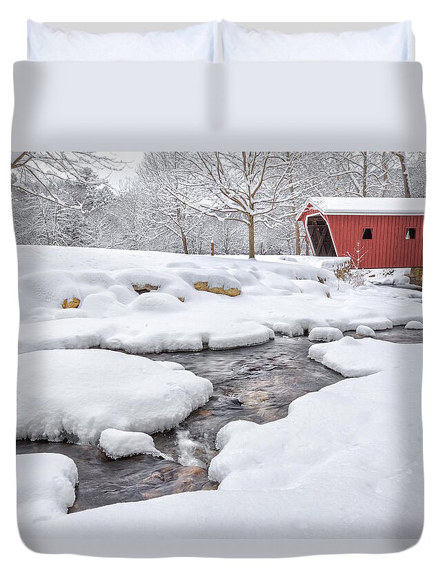 Snow Covered Bridge Duvet Cover featuring the photograph The Stillness of Winter by Bill Wakeley