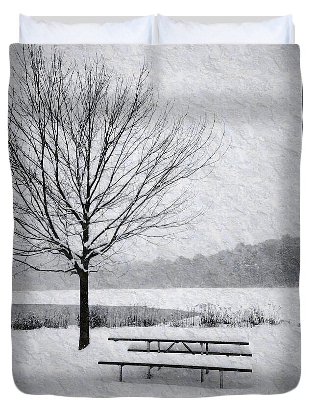 Landscape Duvet Cover featuring the photograph Snow Covered Picnic Table by Crystal Wightman