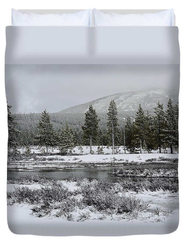 Yellowstone Duvet Cover featuring the photograph Snow-Dusted Gibbon Meadows in Yellowstone by Bruce Gourley