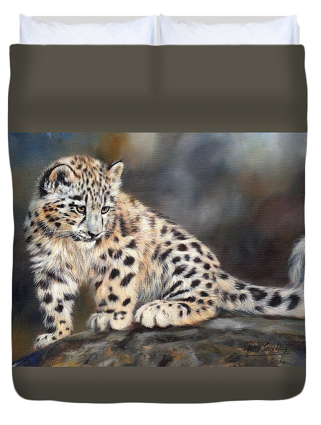 Snow Leopard Duvet Cover featuring the painting Snow Leopard Cub by David Stribbling