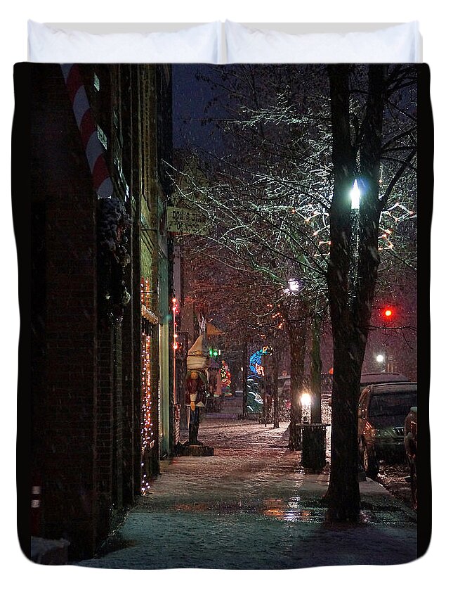 Snow Duvet Cover featuring the photograph Snow on G Street 2 - Old Town Grants Pass by Mick Anderson
