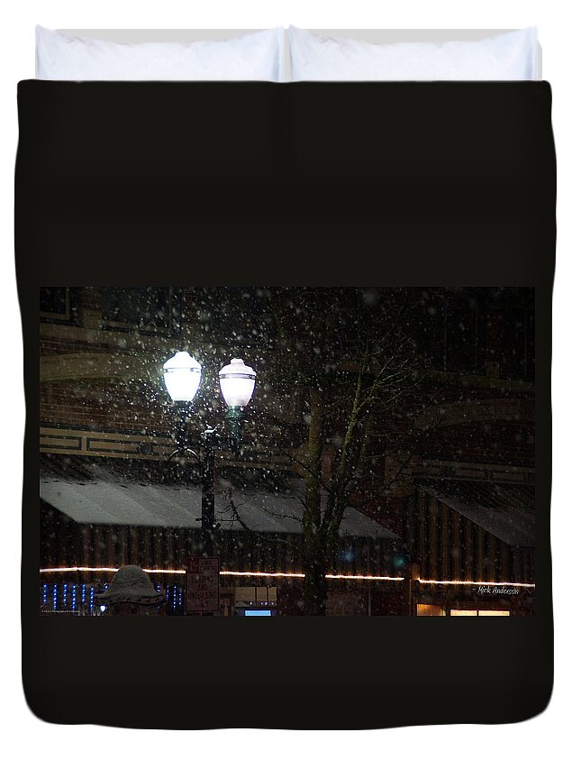 Snow Duvet Cover featuring the photograph Snow on G Street in Grants Pass - Christmas by Mick Anderson