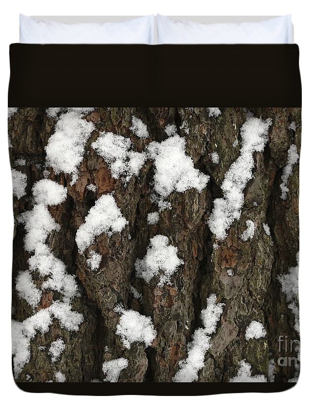 Snow Duvet Cover featuring the photograph Snow on pine bark by Jim Gillen