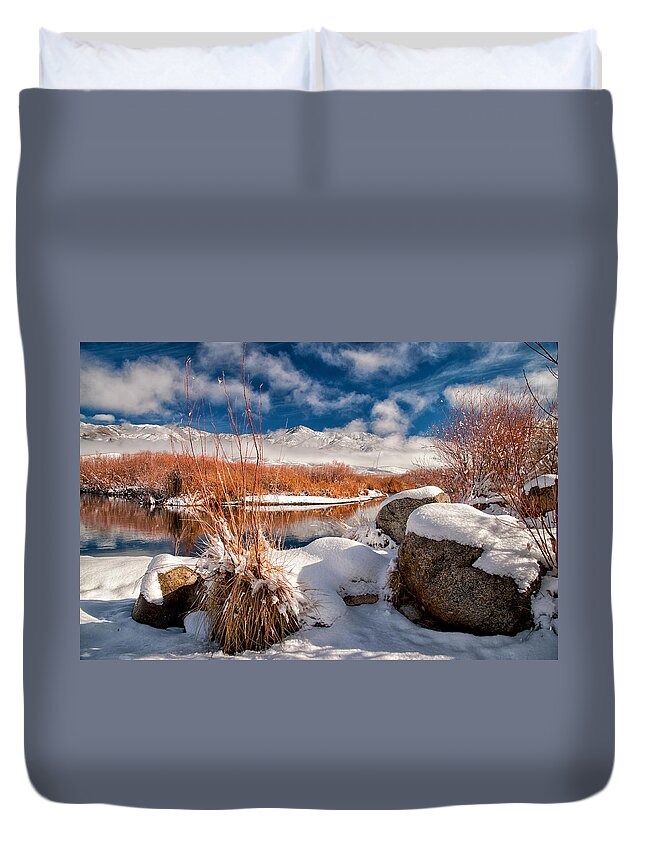 River Water Reflection Mountains Blue California eastern Sierra Nature Scenic Landscape Day Sky Clouds Snow Winter Blue Rocks Duvet Cover featuring the photograph Snow on Rocks by Cat Connor