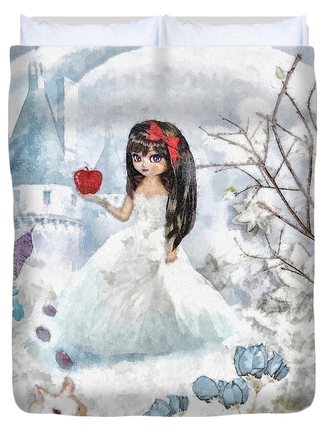 Snow White Duvet Cover featuring the mixed media Snow White by Mo T