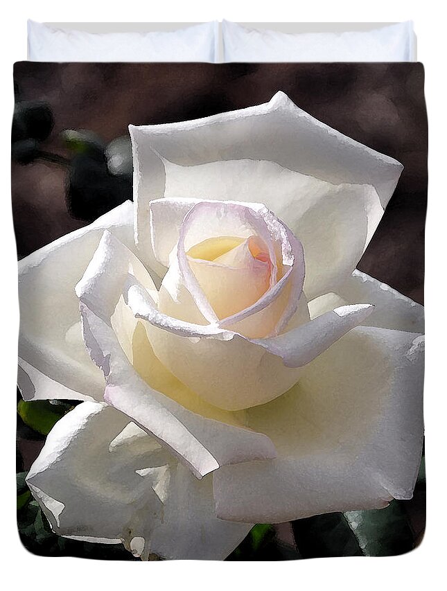 Rose Duvet Cover featuring the digital art White Rose Bloom by Kirt Tisdale