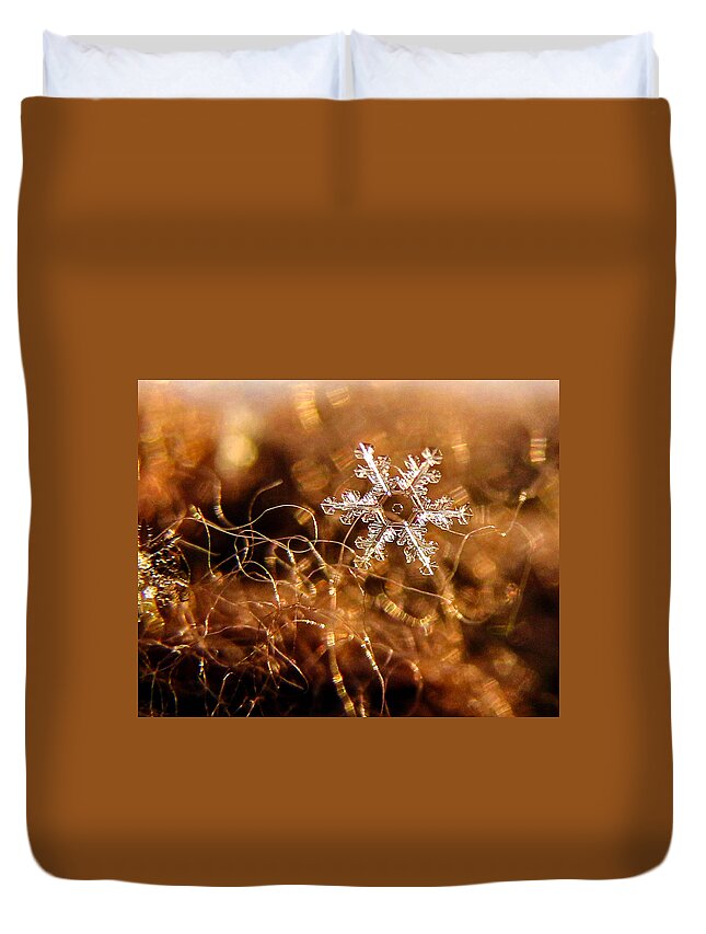 Bokeh Duvet Cover featuring the photograph Snowflake on Brown by Dawn Key