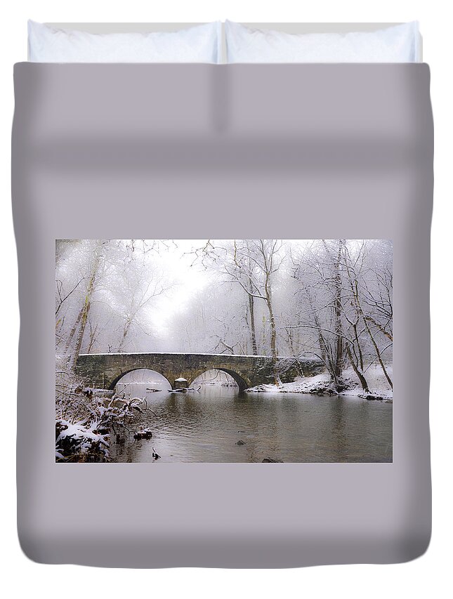 Snowy Duvet Cover featuring the photograph Snowy Bells Mill Road Bridge by Bill Cannon