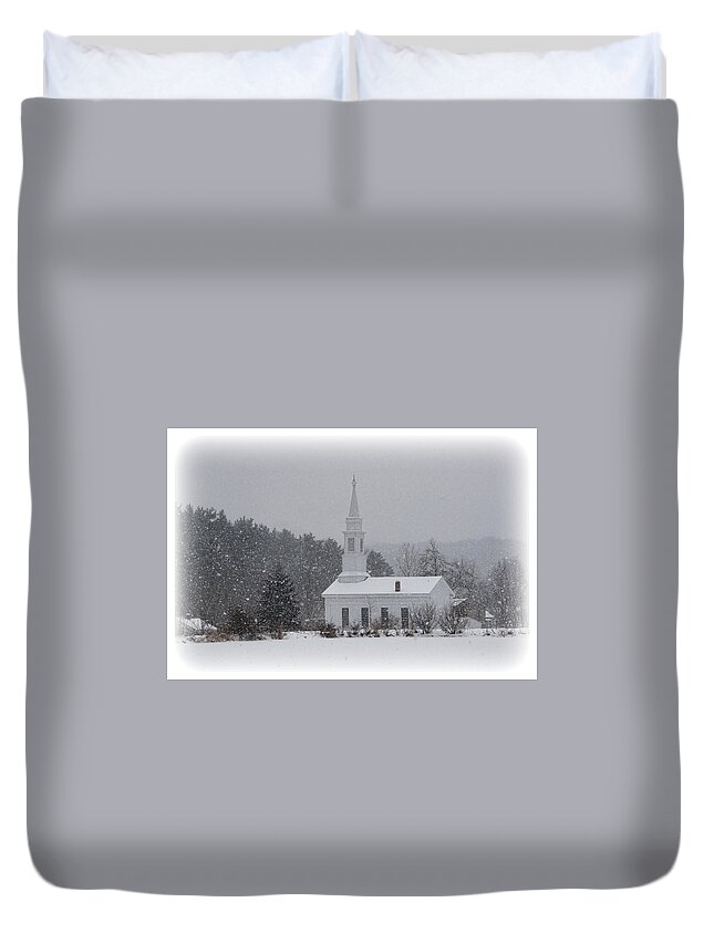Church Duvet Cover featuring the photograph Snowy Church by Ann Bridges