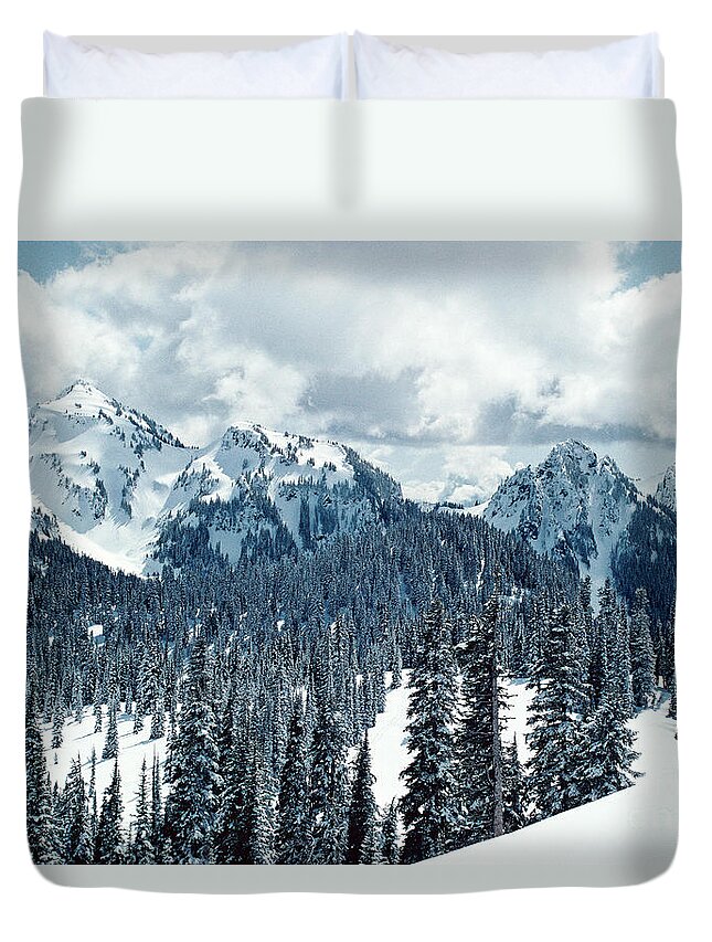 Landscape Cascade Mountains Duvet Cover featuring the photograph Snowy Mountain by Earl Johnson