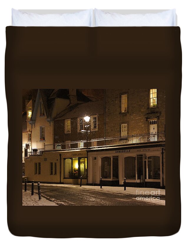 South Queensferry Main Street Duvet Cover featuring the photograph Snowy night by Elena Perelman
