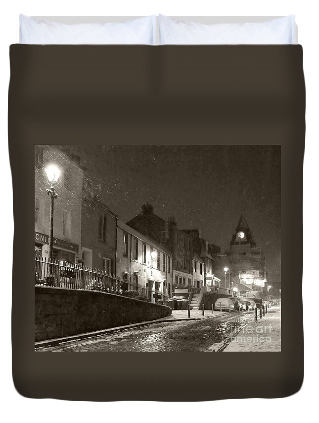 Snowing Duvet Cover featuring the photograph Snowy Night in Black and White by Elena Perelman