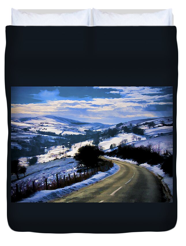 Dawn Duvet Cover featuring the photograph Snowy scene and rural road by Neil Alexander Photography
