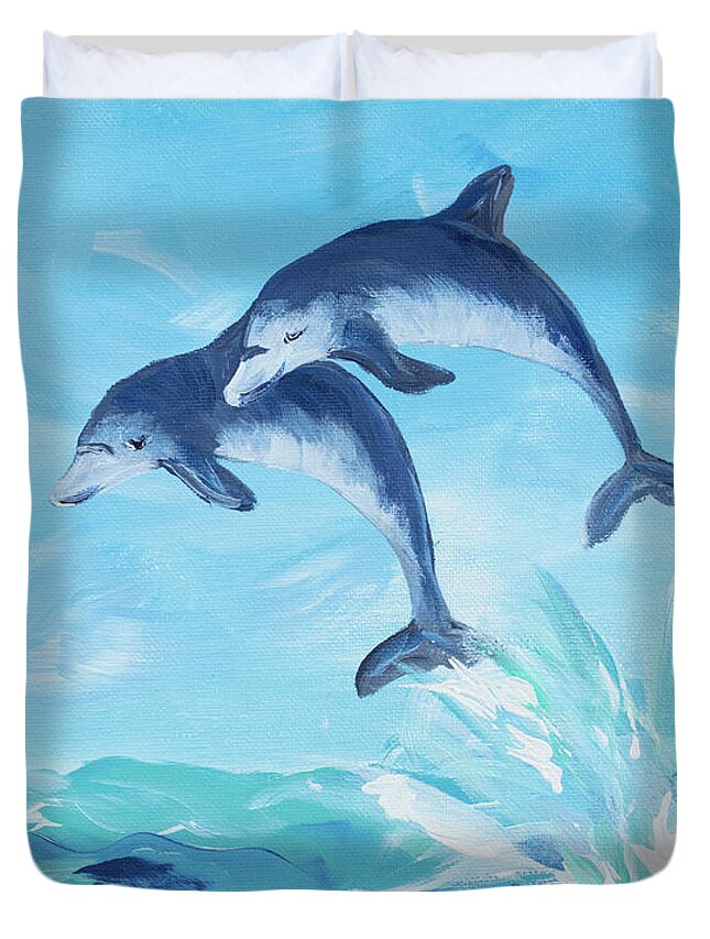 Soaring Duvet Cover featuring the digital art Soaring Dolphins I by Julie Derice
