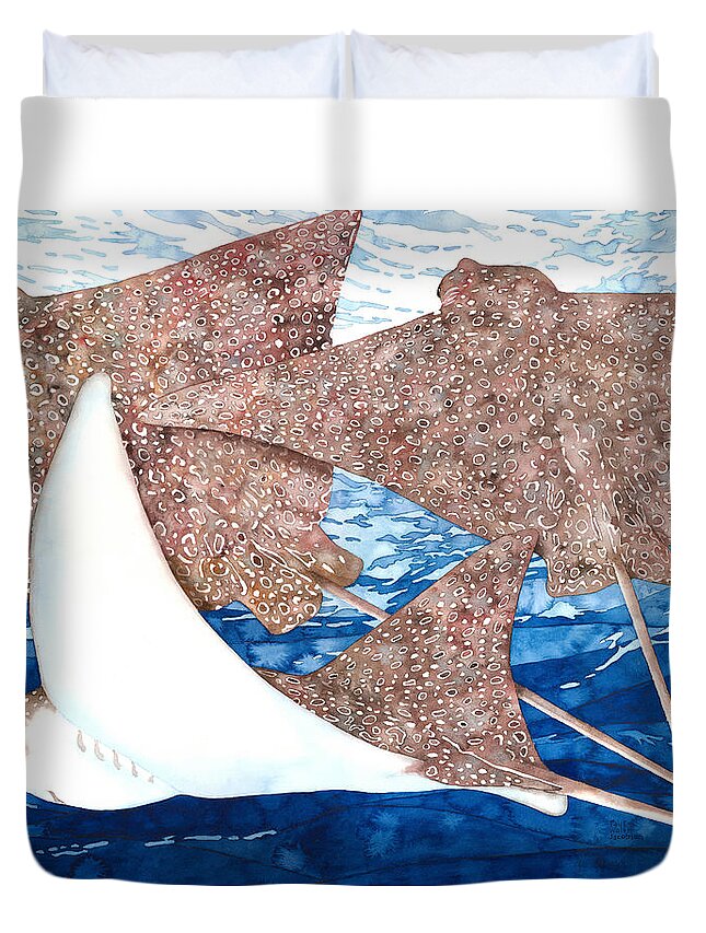 Spotted Eagle Ray Duvet Cover featuring the painting Soaring Eagle Rays by Pauline Walsh Jacobson