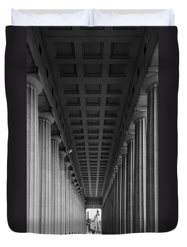 Soldier Duvet Cover featuring the photograph Soldier Field Colonnade Chicago B W B W by Steve Gadomski
