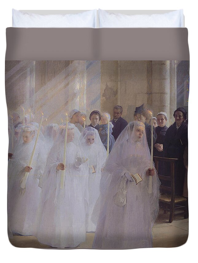Solemn Communion Duvet Cover featuring the painting Solemn Communion by Jules Triquet