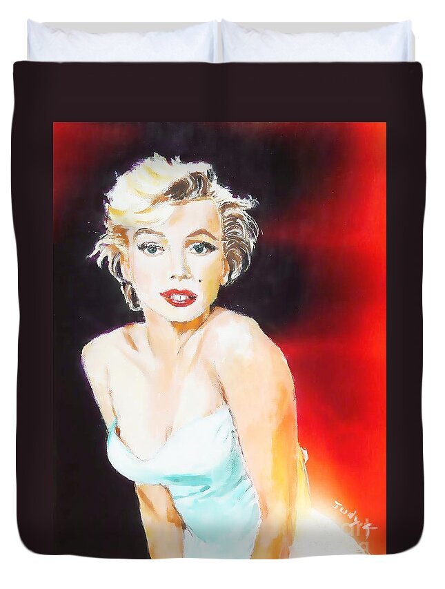 Marilyn Duvet Cover featuring the painting Some Like It Red Hot by Judy Kay
