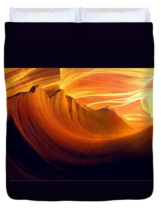 Antelope Canyon Duvet Cover featuring the photograph Somewhere in America series - Golden yellow light in Antelope Canyon by Lilia S