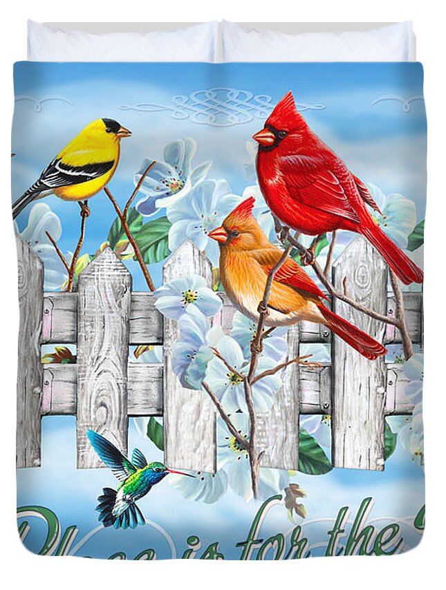 Cynthie Fisher Duvet Cover featuring the painting Songbirds Fence by JQ Licensing