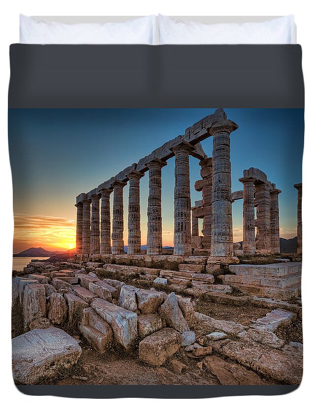 Aegean Duvet Cover featuring the photograph Sounio - Greece by Constantinos Iliopoulos