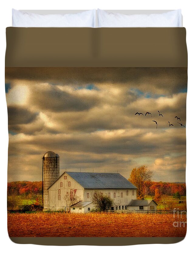 White Barn Duvet Cover featuring the photograph South For The Winter by Lois Bryan