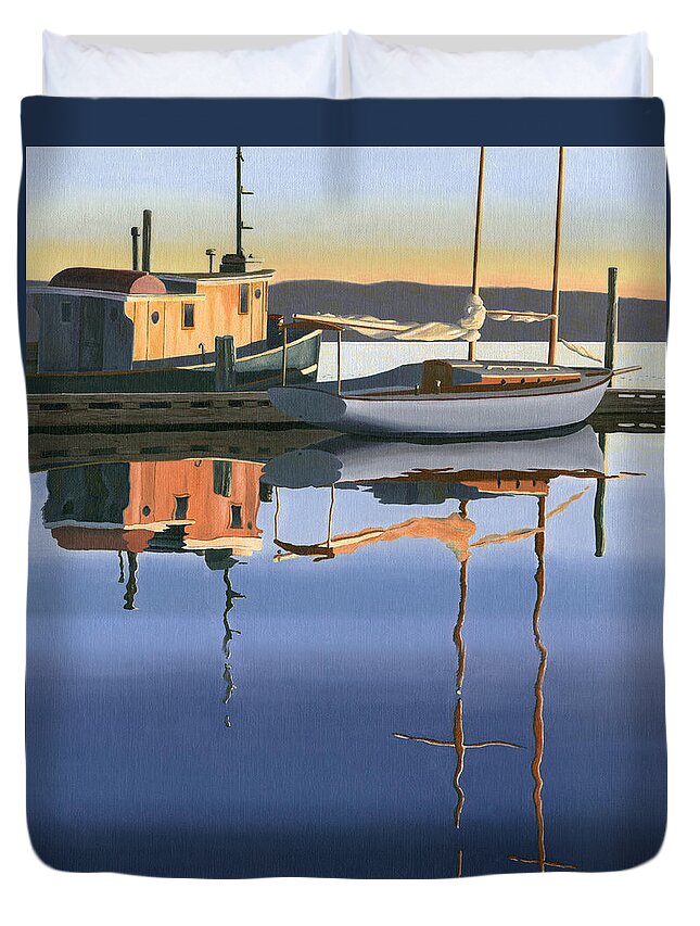 Boat Duvet Cover featuring the painting South harbour reflections by Gary Giacomelli