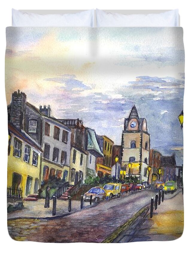 Streetscene Duvet Cover featuring the painting Nightfall at South Queensferry Edinburgh Scotland at Dusk by Carol Wisniewski
