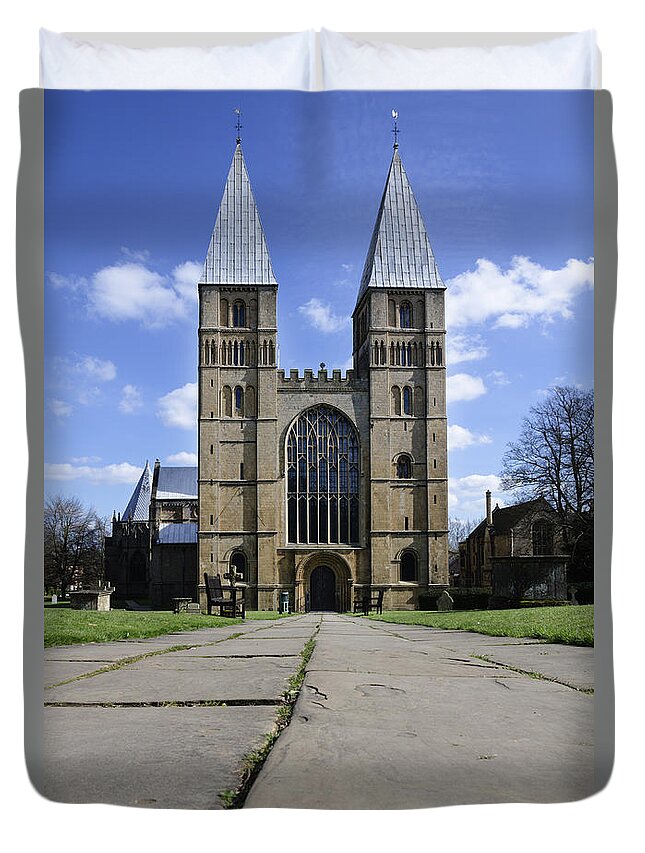 Southwell Minster Duvet Cover featuring the photograph Southwell Minster - road to salvation by Steev Stamford