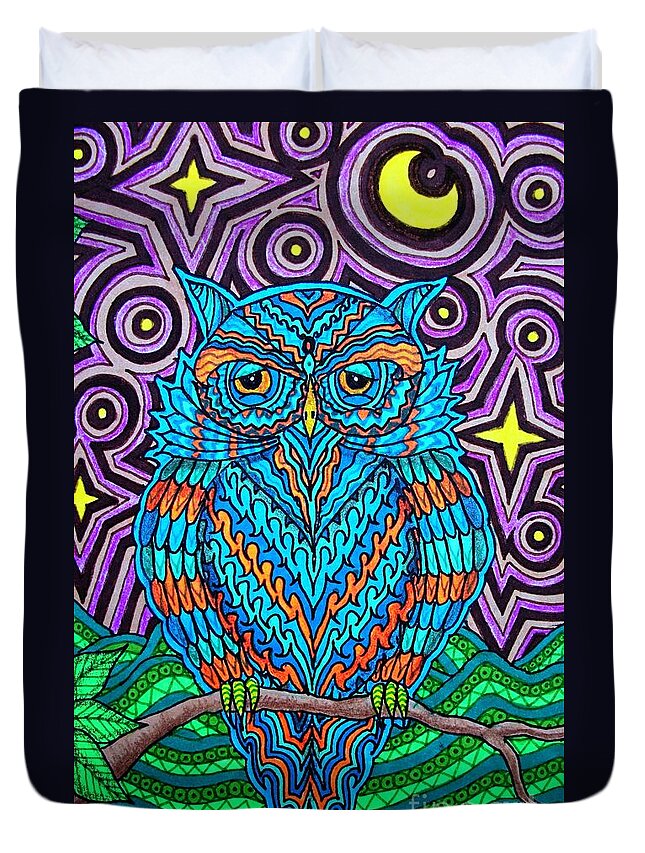 Owl Duvet Cover featuring the drawing Mr. Owl by Baruska A Michalcikova