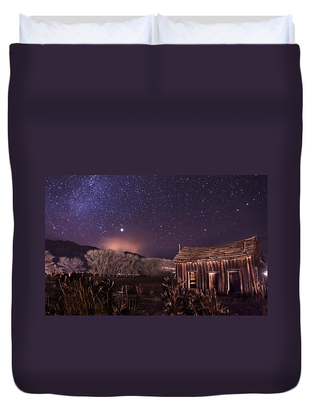 Night Stars Sky milky Way Architecture Building History Light California eastern Sierra sierra Nevada Scenic Landscape Nature Duvet Cover featuring the photograph Space and Time by Cat Connor