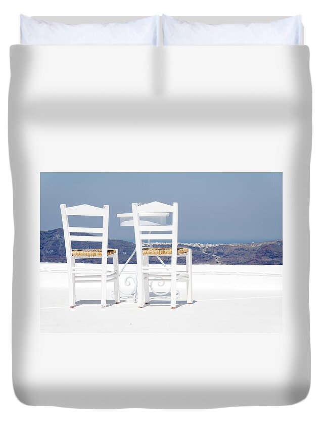 Santorini Duvet Cover featuring the photograph Space for Two by Darin Volpe