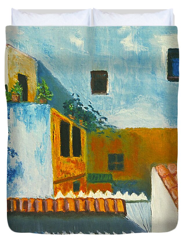 Spanish Courtyard Duvet Cover featuring the painting Spanish Courtyard by William Cain