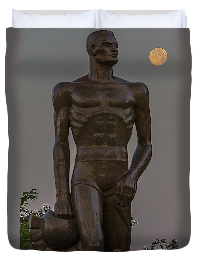 Michigan State University Duvet Cover featuring the photograph Sparty and Moon by John McGraw