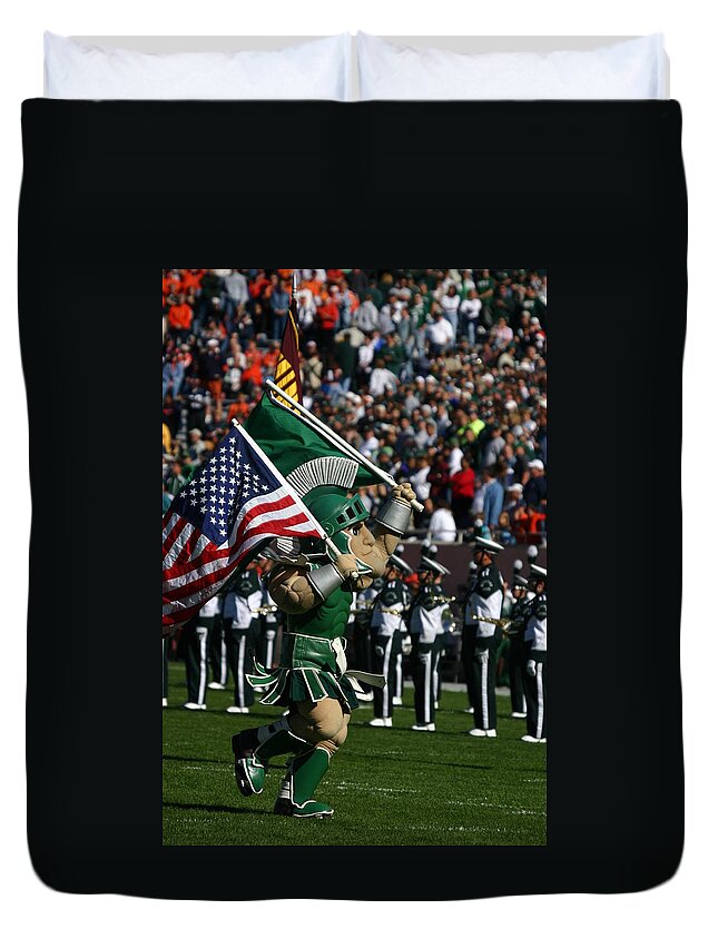 Michigan State University Duvet Cover featuring the photograph Sparty at Football Game by John McGraw