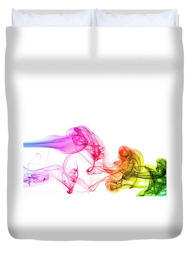 White Background Duvet Cover featuring the photograph Spectrum Colors On Smoke by Assalve