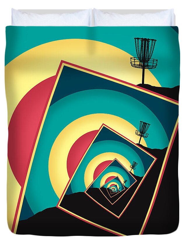 Disc Golf Duvet Cover featuring the digital art Spinning Disc Golf Baskets 2 by Phil Perkins