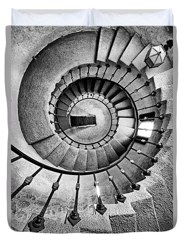Stairs Duvet Cover featuring the photograph Spiral Castle Stairs in BW by Paul W Faust - Impressions of Light