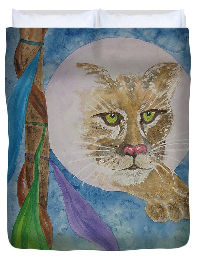 Cougar Duvet Cover featuring the painting Spirit of the Mountain Lion by Ellen Levinson
