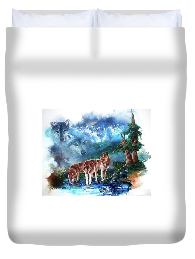Wolf Duvet Cover featuring the painting Spirit Watchers by Sherry Shipley