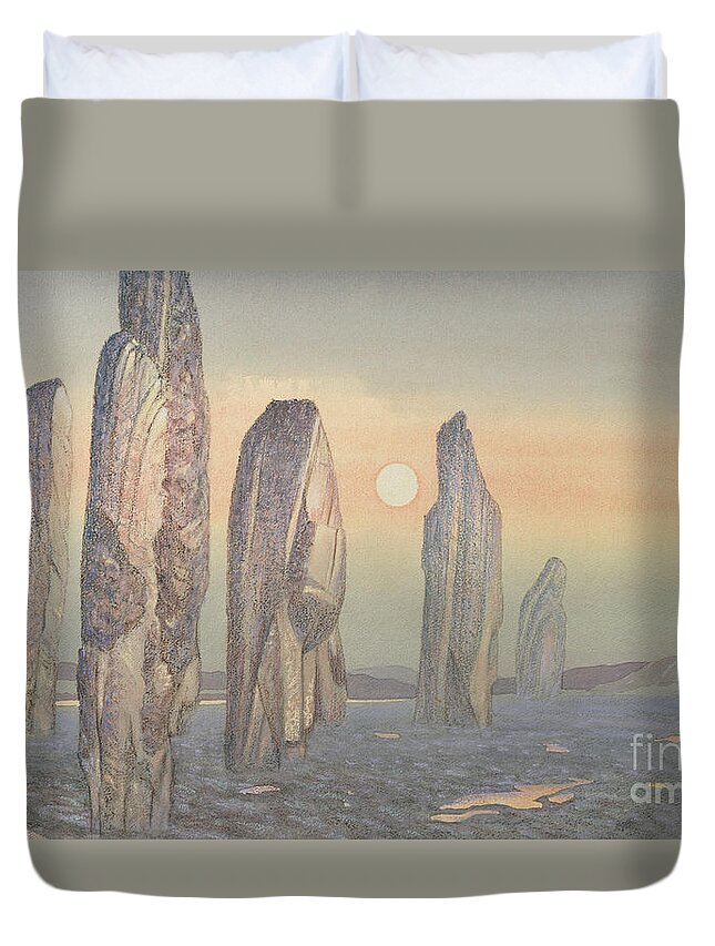 Landscape; Outer Hebrides; Ancient; Stone Circle; Monument; Sunset;mist; Neolithic Duvet Cover featuring the painting Spirits of Callanish Isle of Lewis by Evangeline Dickson
