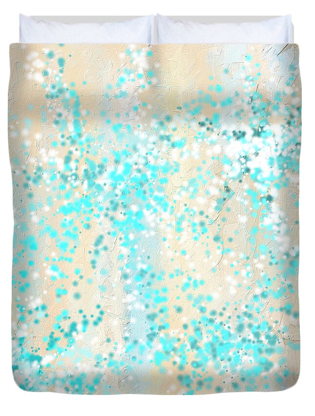 Blue Duvet Cover featuring the painting Splashes of Teal- Teal And Cream Wall Art by Lourry Legarde