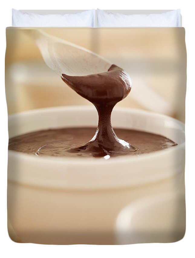 Melting Duvet Cover featuring the photograph Spoon Scooping Melted Chocolate From by Adam Gault