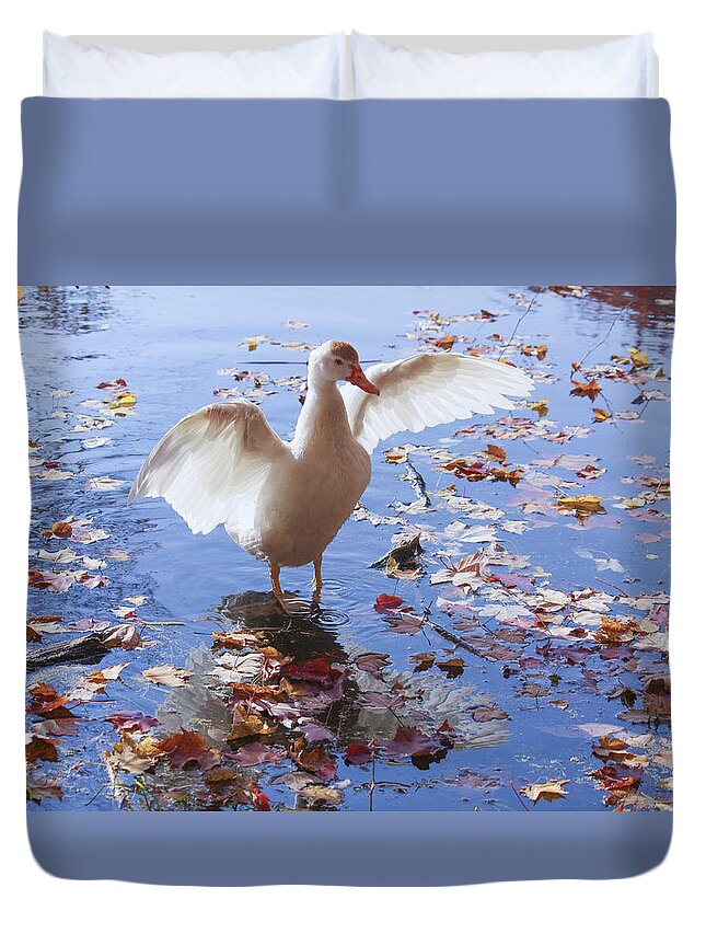 White Duck Duvet Cover featuring the photograph Spreading Wings by Marina Kojukhova