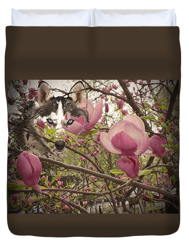 Magnolia Flowers Duvet Cover featuring the painting Spring and Beauty by Georgeta Blanaru